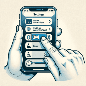 An illustration depicting the process of setting up Assistive Touch on an iPhone. The image shows a person's hand holding an iPhone, with the screen d (1)