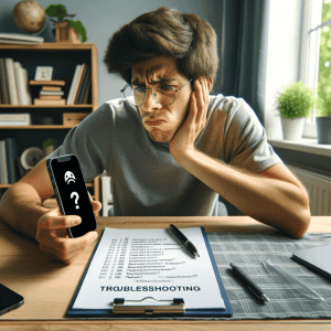 A frustrated person sitting at a desk with an iPhone 13, looking at the screen with a puzzled expression. The desk has a notepad with written troubles