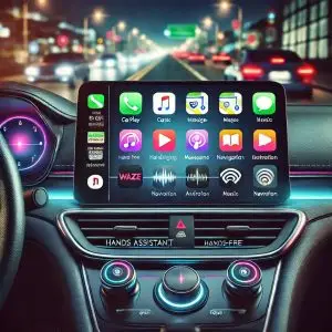 Car dashboard displaying Apple CarPlay and Android Auto interface, showing apps like Waze for navigation and Apple Music for entertainment