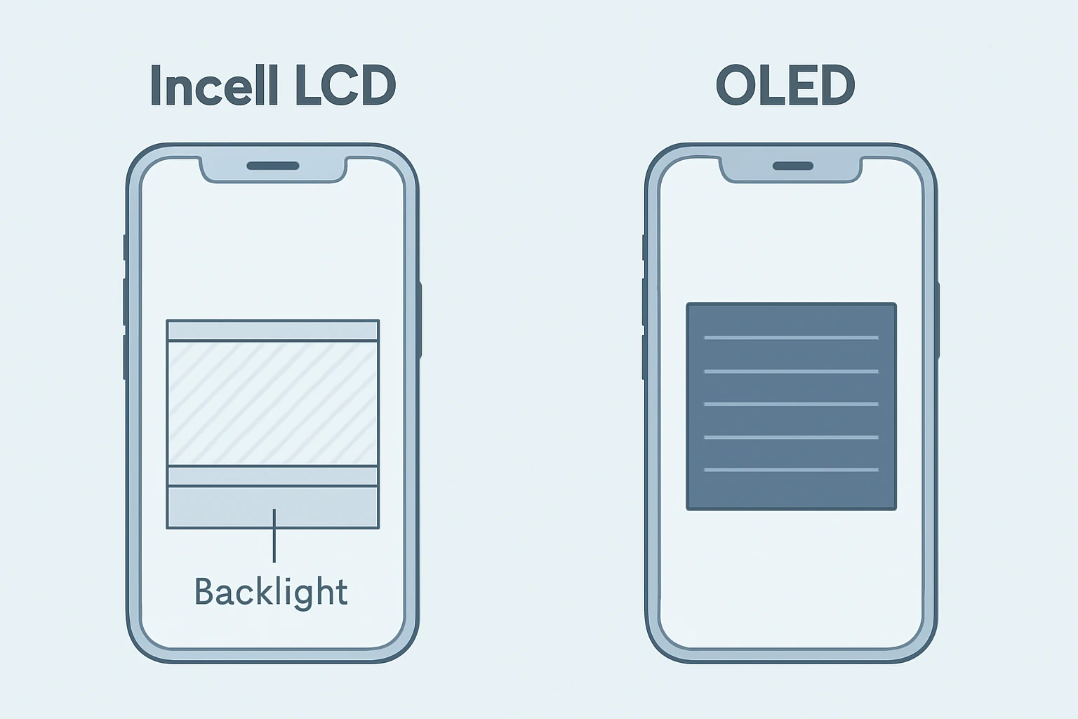 Illustration comparing an Incell LCD phone display, drawn as a layered stack with a backlight, beside an OLED phone display drawn as a single self-emissive panel without that backlight.
