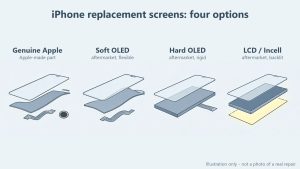 Mobile Phone Repairs Bournemouth 13 Illustration comparing four iPhone replacement screen types side by side: genuine Apple, soft OLED on a flexible base, hard OLED on a rigid base, and a backlit LCD or Incell stack. Illustrative diagram, not a photo of a real repair.