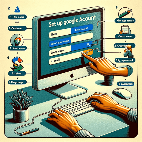 DAn instructional image showing the step-by-step process of setting up a Google account. The focus is on a computer screen which displays the Google ac
