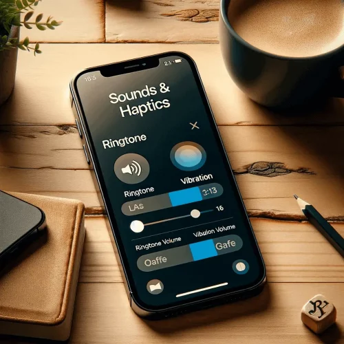 An iPhone displaying the 'Sounds & Haptics' settings screen, showing the ringtone volume and vibration settings. The phone is on a wooden desk with